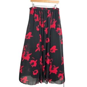 Venus Black Maxi Skirt Red Floral Print Elastic Waist Boho Chic Womens Large